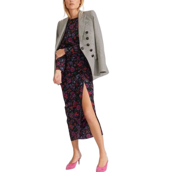 Veronica Beard Selena Floral Sheath Maxi Dress 4 Ruched Silk Crepe Puff Sleeves - Picture 1 of 16